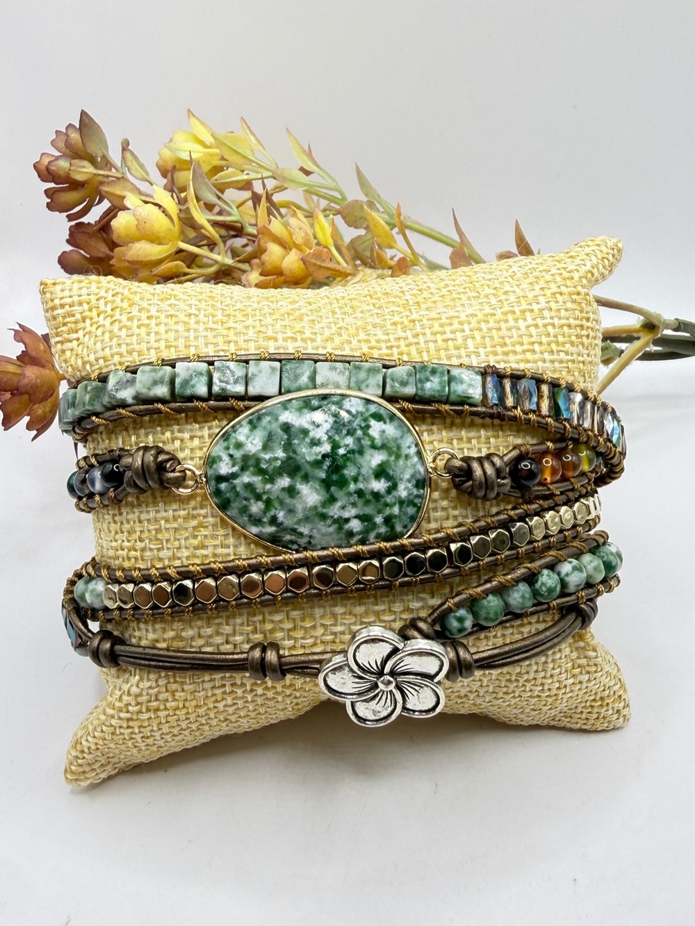 Green Multi-Strand Beaded Wrap Bracelet with Floral Clasp 39 inch